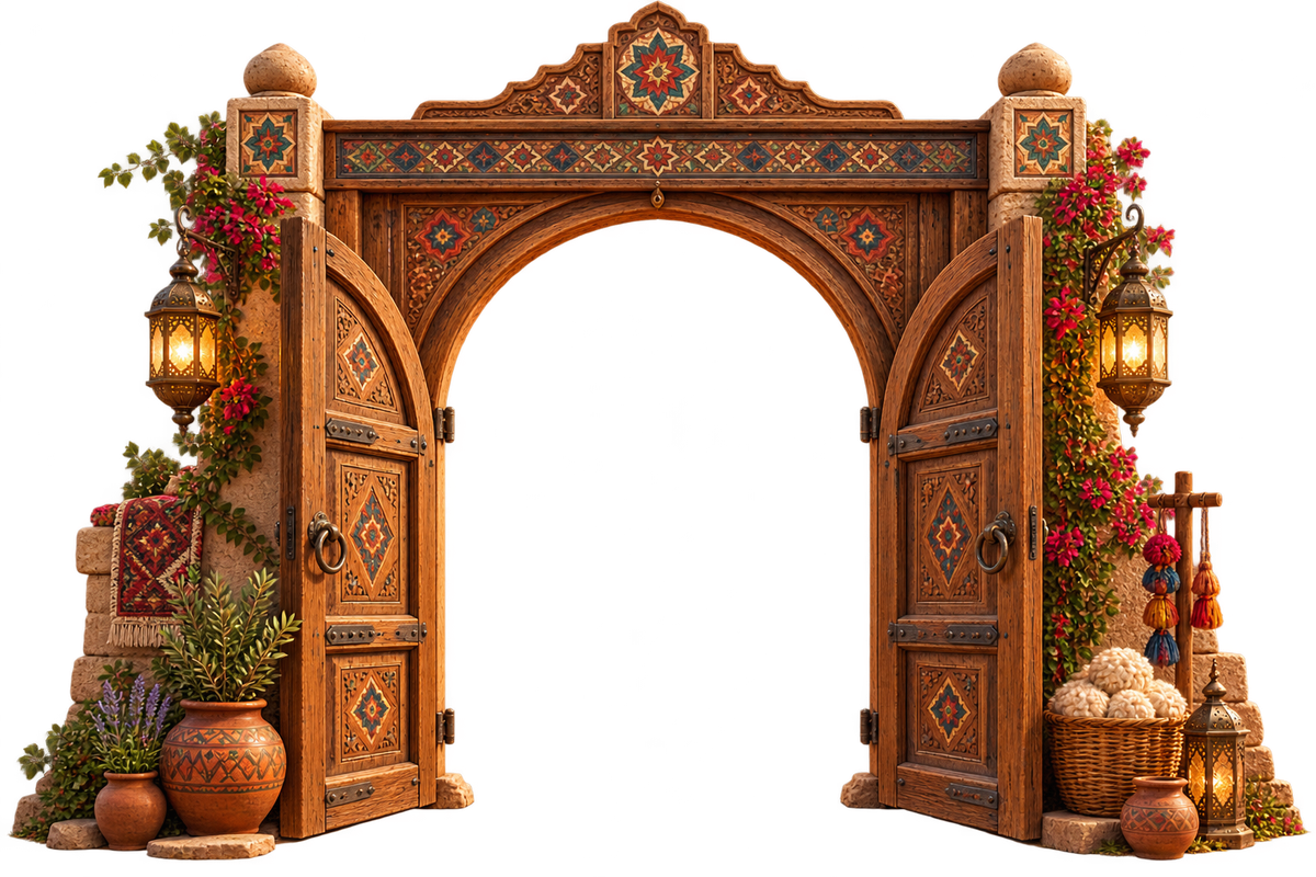 The carved Moroccan Adventure Gate with Lina and Adam
